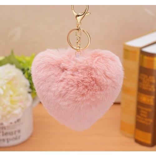 Faux Rabbit Fur Ball Key Chain Pompom Plush Heart Keychain Pom Pom Round Ball Trinket Car Bag