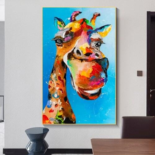 Funny Animal Watercolour Giraffe Oil Painting On Canvas Wall Art Poster And Prints Cartoon Picture Kid Room Decoration