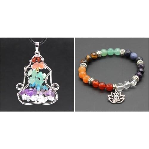 Kraft-beads Silver Plated 7 Colors Quartz Stone Buddha Pendant Yoga Bracelet Reiki Healing Chakra Jewelry Sets