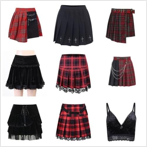 Punk Belt Patchwork Red Plaid Skirt Goth Vintage Sexy JK A Line Hight Wait Pleated Mini Skirts Harajuku Grunge Y2K Skirt