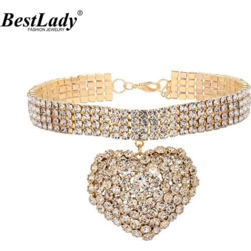 Best Lady Sexy Shiny Exaggerate Heart Pendant Necklace For Women Bohemian Crystal Collar Choker Necklace Wedding Jewelry Party