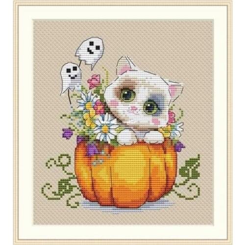 Cross Stitch kit 11CT Printed Cloth Cute Cartoon Animal Pumpkin Cat Chinese Embroidery Material Bag