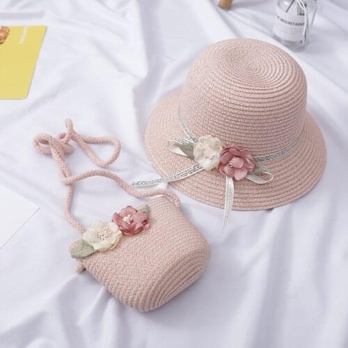 2021 New Fashion Girl Kids Cute Straw Hat Handbag Set Child Baby Travel Holiday Beach Floppy Hat Bags Set Flower Sun Cap Panama