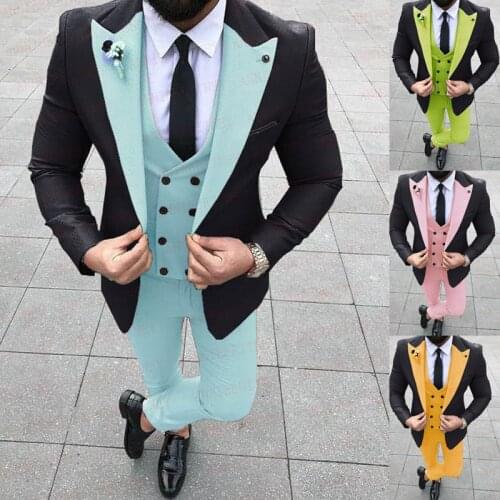 New Formal Black Sky Blue Suit Men 3 Pieces Oversize Business Blazer Tuxedo Groom Wedding Suit Jacket Pants Double Breasted Vest