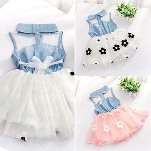 Dress for Girl Sweet Girl Denim Tulle Cotton Printing Skirt Patchwork Little Princess Xmas Party Dress Angel Skirt