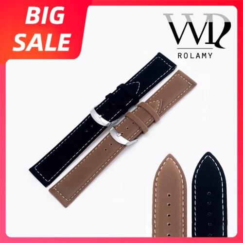 Rolamy 18 22mm Top Quality Suede Leather Black Brown Watch band Strap Belt Silver Polished Pin Buckle For Rolex Omega Tissot