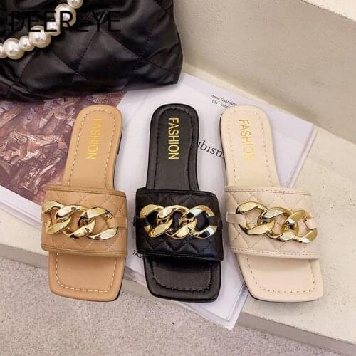Hot Product Summer Gold Chain Flat Slippers Mules Sandals Slides Slip-On For Outdoor Square Toe Womens Shoes Designer 2021