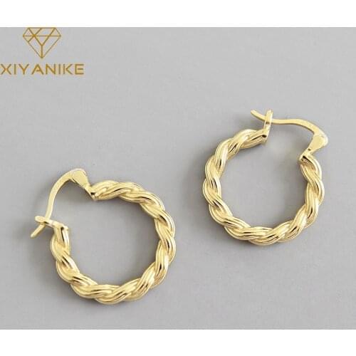 XIYANIKE 925 Sterling Silver Twisted Woven Golden Hoop Earrings Female Charm Fashion Retro Exquisite Gorgeous Jewelry Lover Gift