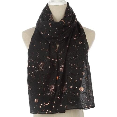 New Fashion Thin Scarfs Ladies Stole Black Navy Star Moon Foil Gold Scarf Shawl For Womens Wrap Hijab dropshipping