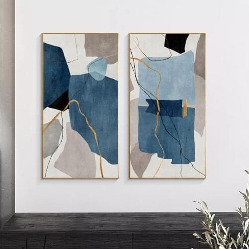 Blue Abstract Line Art Canvas Prints Modern Home Decor Scandinavian Nordic Posters Wall Art Pictures for Living Room Color Block