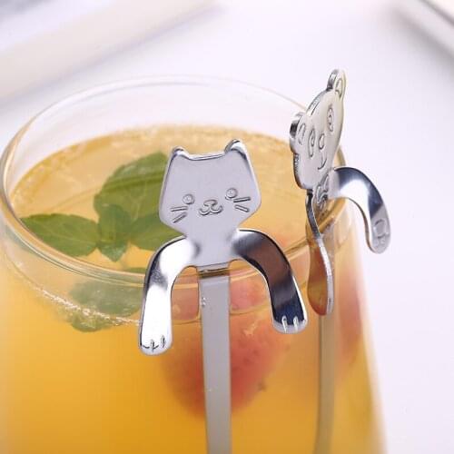 Cute Panda Cat Coffee Stirring Spoon Stainless Steel Hanging Scoop For Juice Cake Ice Cream Dessert Pastry Tea Bear Tableware
