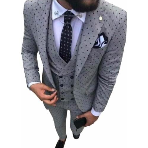Slim Fits Gray Poika Dot Men Prom Party Business Suits Blazers Groom Tuxedos Clothing Sets (Jacket+Pants+Vest+Tie) W:1089