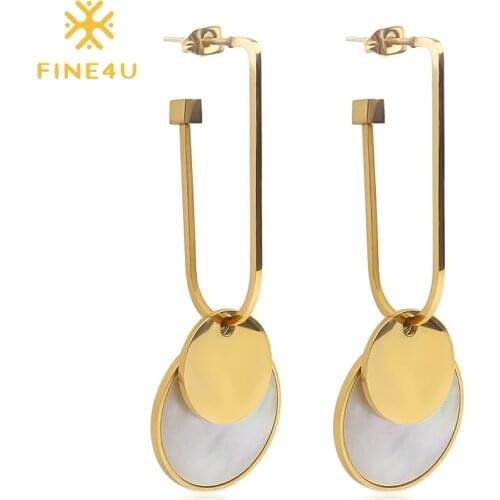 FINE4U E135 Stainless Steel Double Coins Drop Earrings with White Shell Hypoallergenic Fashion Jewelry