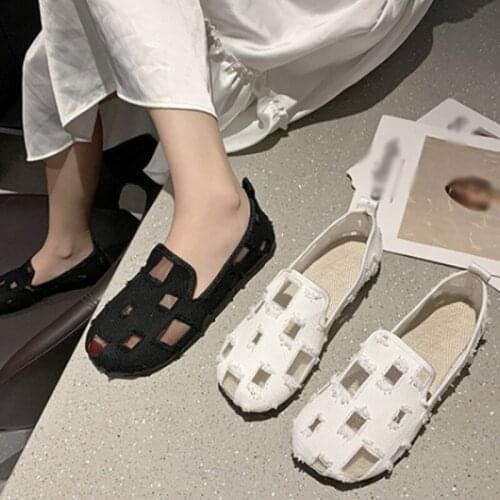 2021 New Womens Flats Mesh Hollow Breathable Slip On Ladies Shoes Soft Fabric Hole Retro Casual Female Footwear Fashion Summer
