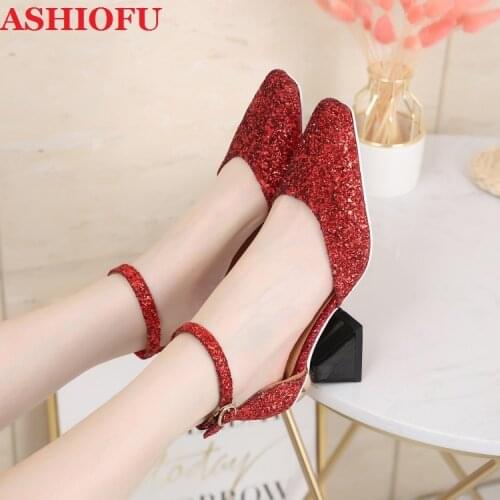 ASHIOFU New Hot Sale Ladies Chunky Heel Pumps Glitter Party Prom Dress Shoes Sexy Evening Daily Wear Fashion Pumps Court Shoes