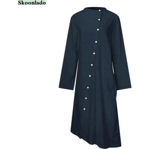 Womens long-sleeved dress with buttons and beveled round neckline shows an elegant and elegant style. . Comfortable and most fa