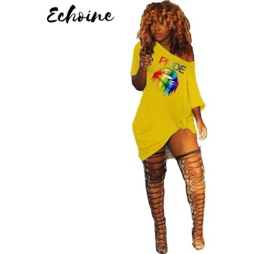 Echoine Casual Rainbow Lips Letter Printed Mini Dress Women Fashion Short Sleeve T Shirt Asymmetric Neck Loose Dress Daily Life