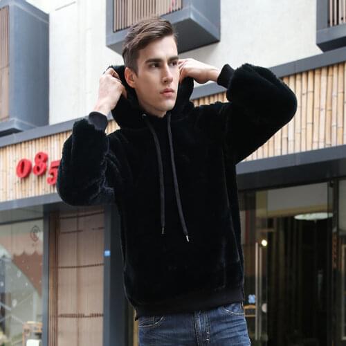 Faux Fur Man Hoodie Hooded Thick Plush Cotton Sweatshirt Male Black Casual Fluffy Boys Oversized Hoodies Xxxl Winter Clothing