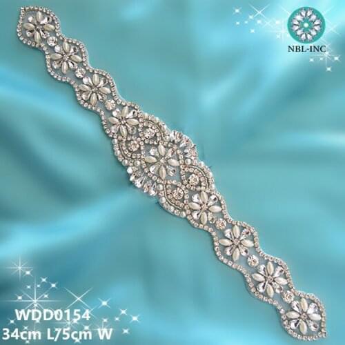 30 PIECES) Wholesale hand beaded sewing bridal sash crystal rhinestone pearl appliques for wedding dresses belt iron on WDD0154
