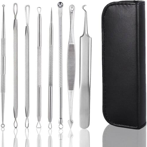 8pcs Stainless Steel Extractor Blackhead Remover Needles Acne Pimple Blemish Treatments Face Skin Care Beauty Tools With Bag