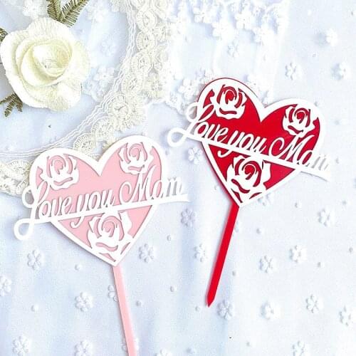 New Love You Mom Mothers Day Acrylic Cake Topper Red Mum Birthday Cake Topper Supplies for Mothers Day Party Cake Decorations