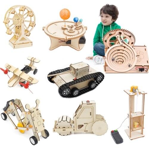 Wooden Assembly DIY Model Building Toys for Kids 3D Puzzle Mechanical Kit Stem Science Physics Electric Toy Children Xmas Gifts