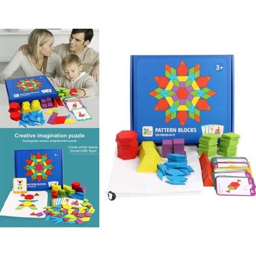 Wooden Pattern Blocks Set Geometric Shape Puzzles Graphical Classic Educational Montessori Tangram Toys Brain Teasers Kids Gift