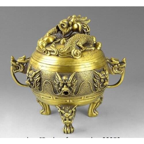 China Buddhism Brass Copper Nine Dragon Royal Decoration Incense Burner Censer