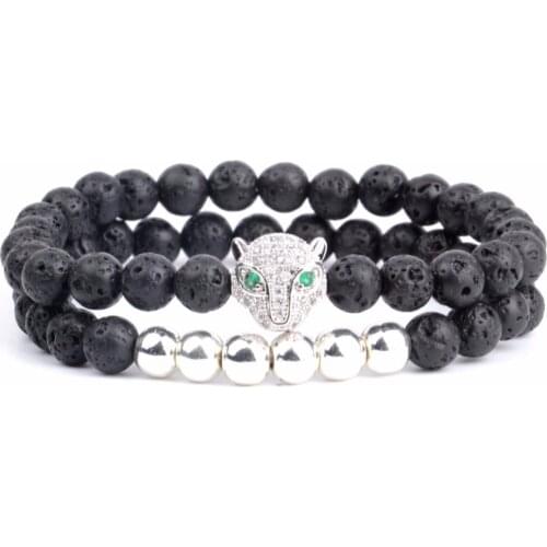 2Pcs/Set Fashion 6mm Natural Stone Bead Men Bracelet 2018 Classic Charm Leopard Head Bracelets For Women Jewelry Gift Bijoux