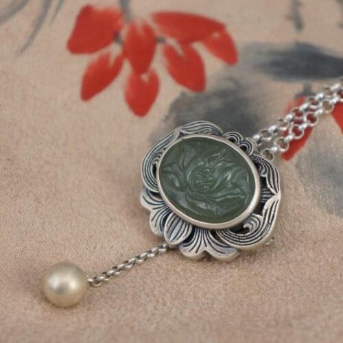 Original designer craftsmanship natural Hetian jasper pendant brooch Chinese style retro unique charm brand silver jewelry