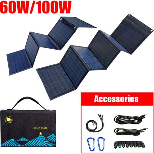 60W/100W Solar Panel Portable Folding Bag USB+DC Output Solar Charger Outdoor Power Supply for Mobile Phone Power Generator