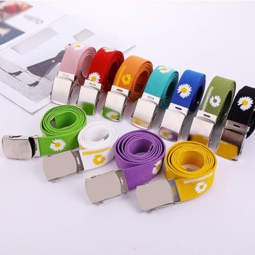 Harajuku Fashion Flower Printed Canvas Belts For Women Metal Smooth Buckle Waist Strap Jeans Dress Trouser Female Waistband