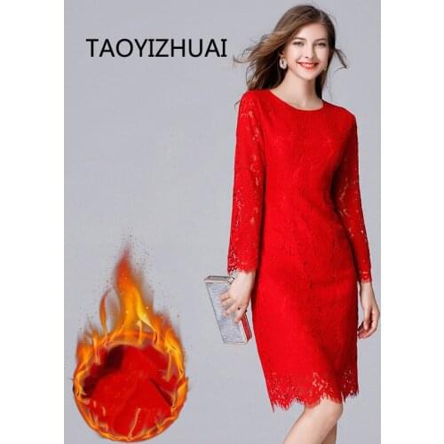 TAOYIZHUAI 2019 Winter Vintage Style Fashion Hollow Out Cuff Plus Size XL Red Thicken Wool Straight Women Eyelash Dress 14102R