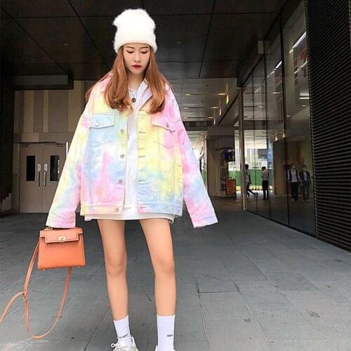 Korean New Fashion Tie-Dyes Colorful Womens Denim Coat Gradient Color Loose Long Sleeve Turn-Down Collar Woman Jean Jackets