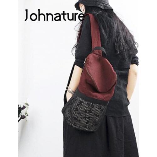 Johnature Fashion Original Splicing Linen Women Bucket Bag 2021 New Leisure Large Capacity Printed Shoulder & Crossbody Bags