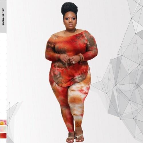 Autumn New Style Women Plus Size Casual Long sleeve Round Neck Tiedye Printing Long-sleeved Two Piece sets Wholesale Dropshpping