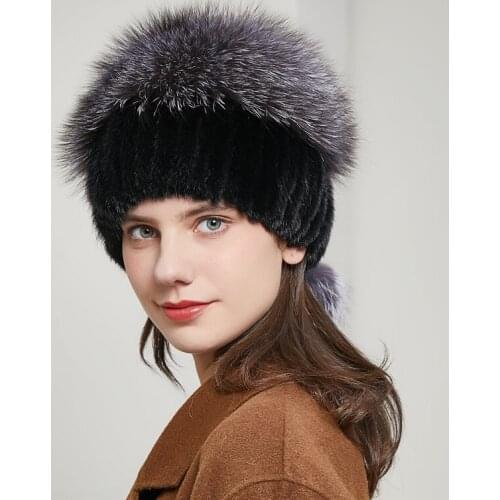 JKP Women autumn and autumn fur hat for winter genuine mink fur with silver fox fur pom poms top beanies hot sale Russia fur cap