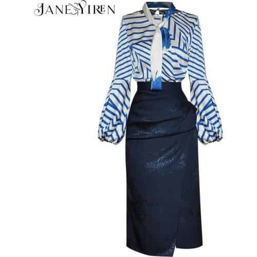 Janeyiren 2021 Fashion Designer Summer Office Skirts Suit Womens Long sleeve Stripe Tops and Slim Midi Skirts 2 Pieces Set
