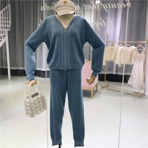 Amolapha Women V Neck Knitted Cardigans Tops+Pants 2 Pieces SetsClothing Sets Casual Knit Tracksuits