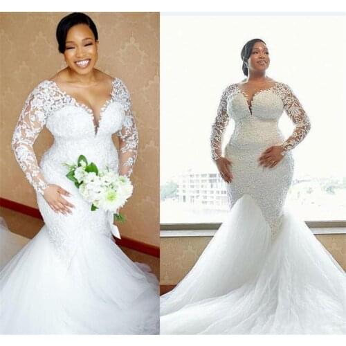 KapokDressy Plus Size Lace Wedding Dresses Arabic Long Sleeves Bridal Gowns Sheer Neck Sweep Train Plus Size Marriage Dress
