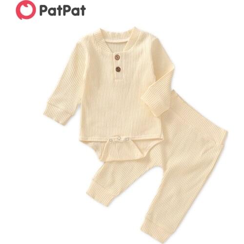 PatPat Ribbed 2pcs Solid Buttons Decor Long-sleeve Baby Set