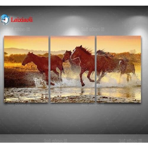 3 Panel Sunset Horses Running Diamond Painting Full Square New Arrival Diamond Embroidery Rhinestones Pictures Home Decoration