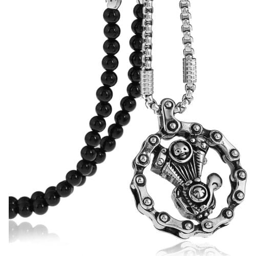 Skull Engine Motorcycle Lost Soul Chain Biker Pendant Necklace with Black Natural Stone Beaded Necklace 27inches