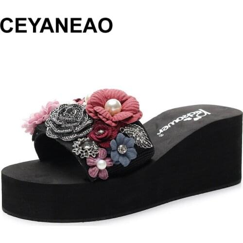 CEYANEAOWomen pearl summer slippers indoor outdoor flip flops beach shoes new fashion women casual flower slippers chanclas muje