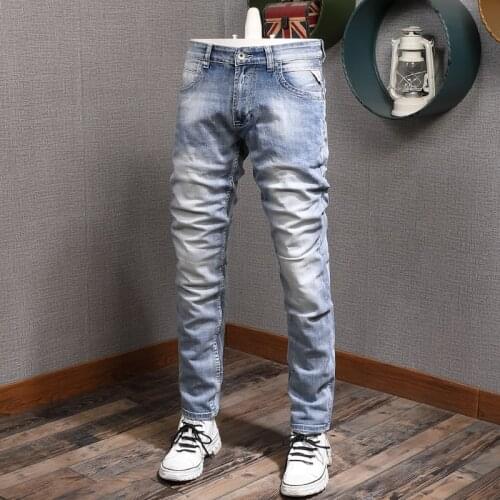 European American Vintage Fashion Men Jeans Retro Light Blue Slim Fit Casual Designer Jeans Men Classical Simple Denim Pants