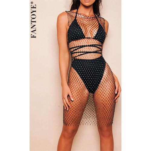 Fantoye Sexy Crystal Diamond Dress Women Hollow Out Rhinestone Bodycon Dress Summer Fishnet Mesh Beach Wear 2021 Party Vestidos