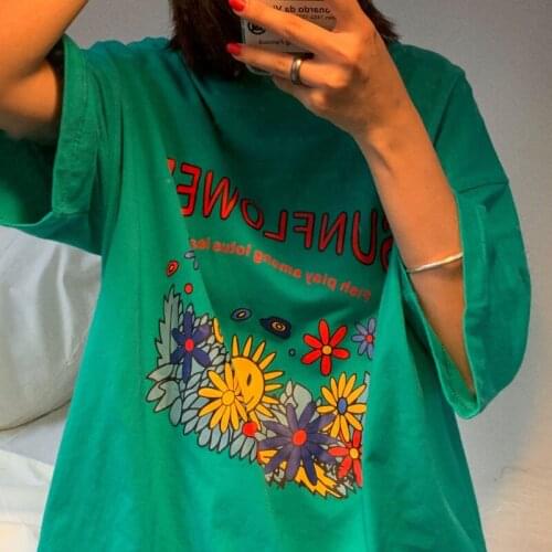 Short Sleeve Tee Casual Women Clothing album vintage Loose crop top y2k Sunflower flower print T-shirt Fashion Womens T Shirts