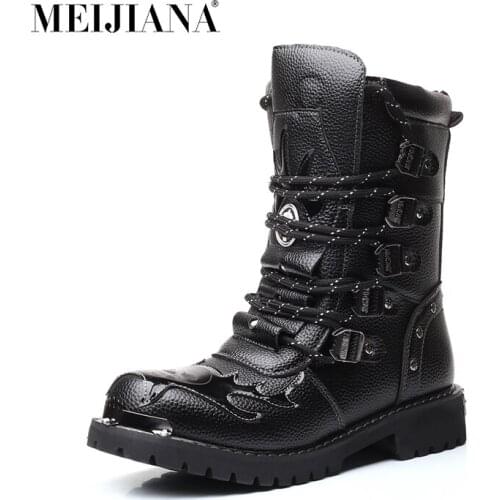 MEIJIANA Quality Genuine Leather Men high Boots Black Military Tactical Boots Army Boots Men botas Leather Shoes Men Shoes 39-47