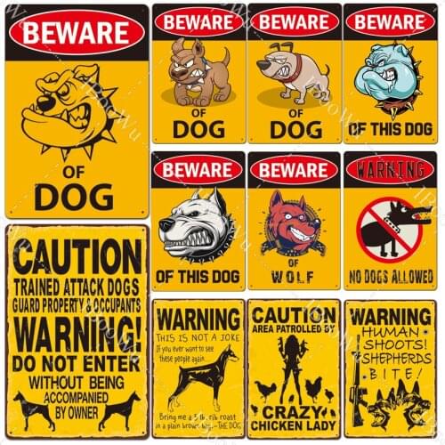 Retro Metal Poster Caution The Dog Vintage Tin Signs Beware Of Dog Plate Warning Garden Home Wall Decor 20x30cm