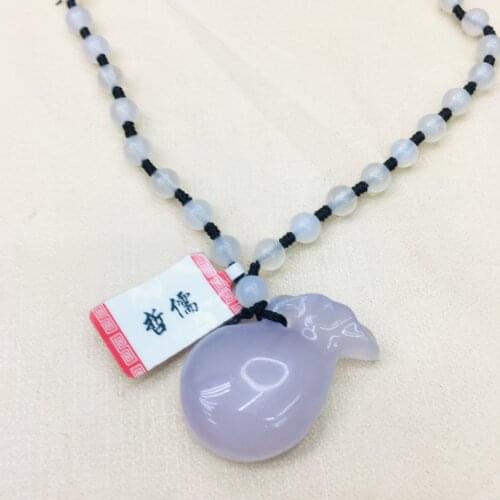 Natural Brazilian White Chalcedony Pendant Carved Light Purple Purse Pendant with White Chalcedony Necklace
